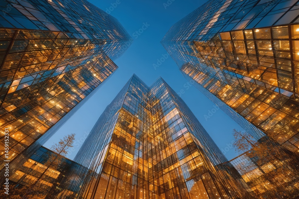 Tall glass skyscrapers are illuminated against a blue evening sky, reflecting warm lights in a modern urban cityscape.