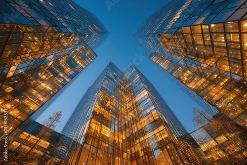 Obraz na płótnie Tall glass skyscrapers are illuminated against a blue evening sky, reflecting warm lights in a modern urban cityscape. w salonie