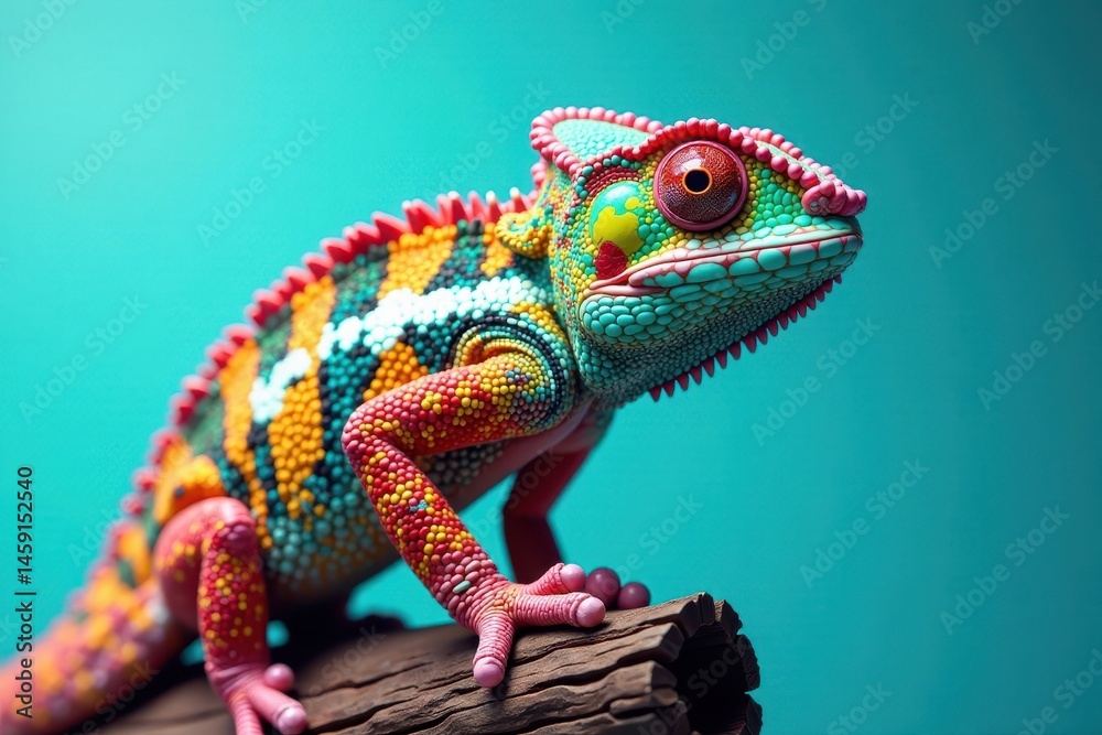 Fototapeta premium Chameleon changing color against a turquoise blue sky with gradient background , sky, reptile