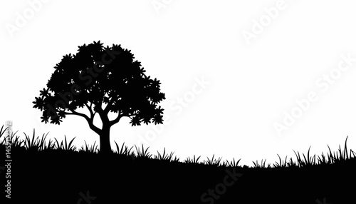 Silhouette of a solitary tree on a grassy hill against a white background, minimalist style, copy space
