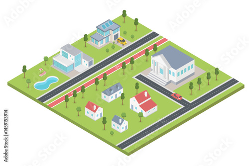 Isometric module city with houses add buildings, swimming pool, trees from urban building vector architecture. Modern green city illustration for design game and business white background