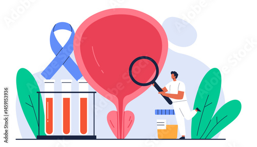 Prostate cancer awareness concept. Urologist check up male genitourinary system. Men healthcare, prostatitis treatment. Isolated vector illustration in cartoon style
