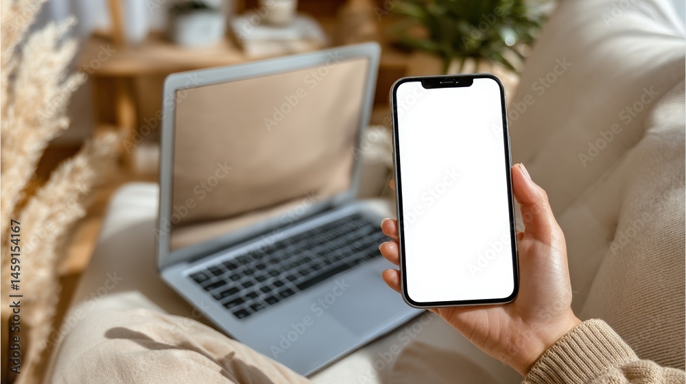 A person holds a smartphone with a blank screen while sitting on a couch near an open laptop in a cozy home setting.