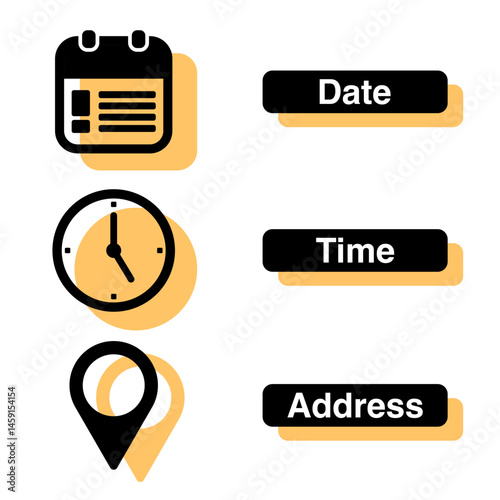 time, date and address symbol set isolated on transparent background