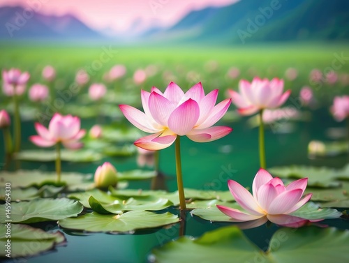"Spring Meadow with Pink and Purple Flowers: Graphic Macro Banner on a Bright Blue Background"