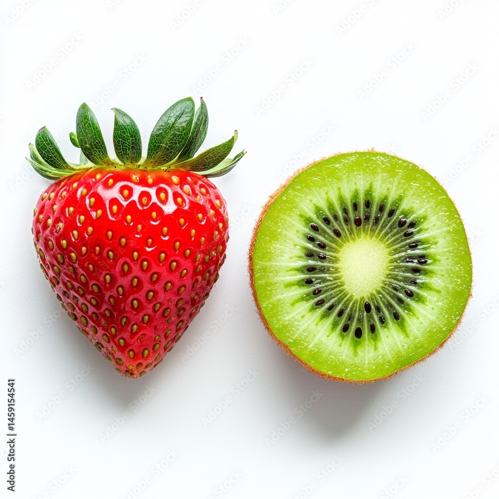 Fresh strawberry and kiwi fruit, vibrant red and green, isolated on white background Fresh strawberry and kiwi fruit, vibrant red and green, isolated on white background