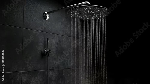 Shower head with water flow against dark tile wall