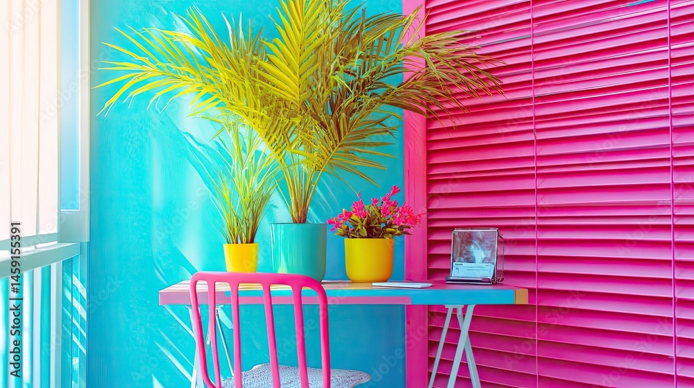 Vibrant balcony with tropical plants and a pop of pink