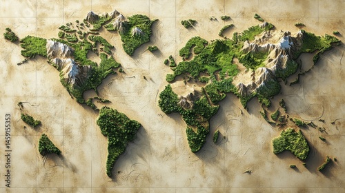 3 d world map lush green vegetation