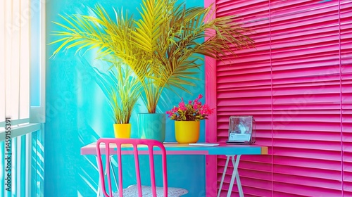 Obraz na płótnie Vibrant balcony with tropical plants and a pop of pink w salonie