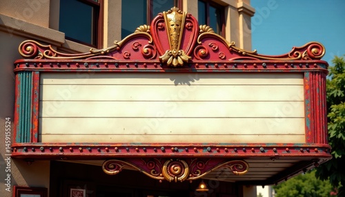 Classic vintage cinema marquee with distressed wooden frame and ornate metalwork, marquee design, cinematic architecture