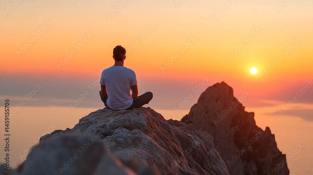 Obraz premium Silhouette of a man meditating on a rock cliff during a vibrant sunset, overlooking a calm ocean. The warm golden and orange hues of the sky create a serene and peaceful atmosphere. : Generative AI