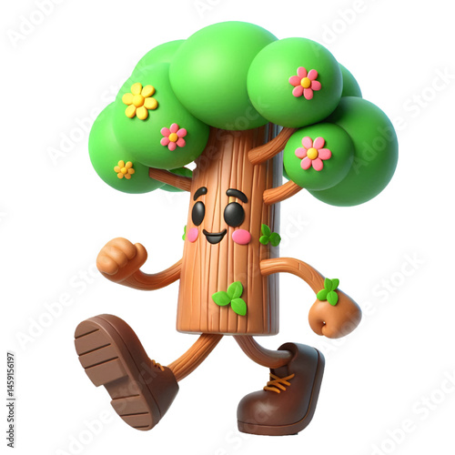 Cute 3d walking tree isolated on white background