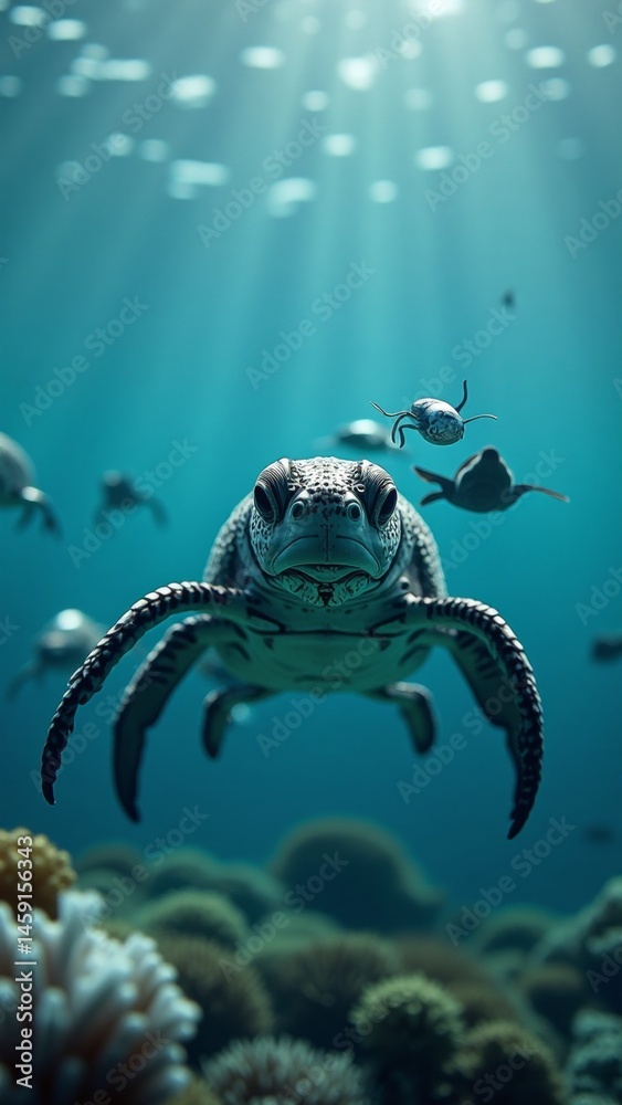 Fototapeta premium A sea turtle swimming in a vibrant underwater world with fish and coral