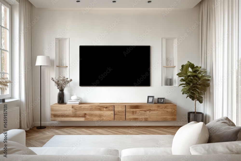 A modern living room with a large TV, wooden cabinet, indoor plant, and neutral decor, filled with natural light from large windows.