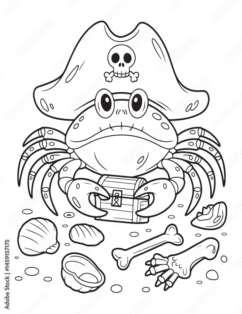 Obraz premium Pirate Crab with Skull Hat – Spooky Beach Coloring Page for Kids