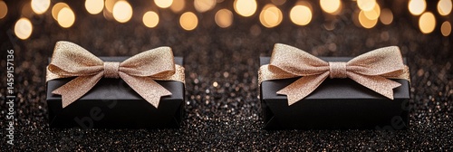 Elegant black gift boxes with light-beige bows on a dark background with bokeh photo