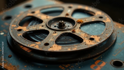Wallpaper Mural Close-up of a vintage film reel with faded film strips and rusty hardware , filmstrip, decay Torontodigital.ca