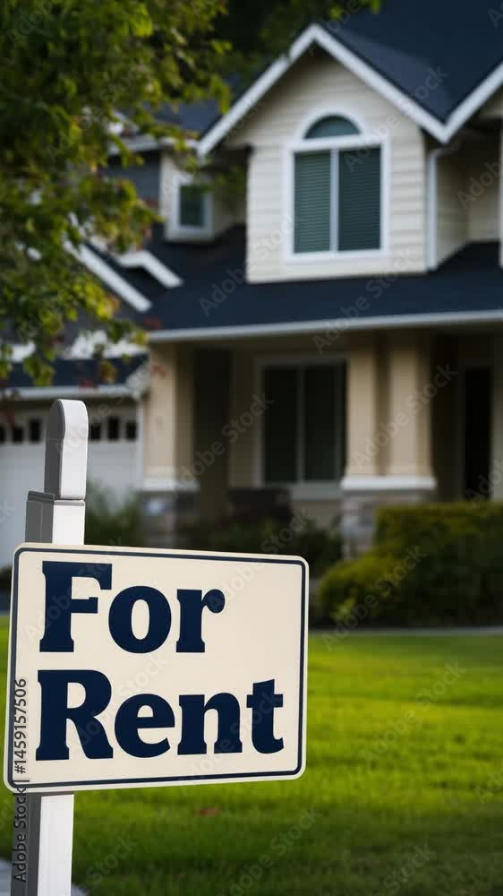 A well kept house with a for rent sign in front, located in a serene neighborhood with lush greenery A well kept house with a for rent sign in front, located in a serene neighborhood with lush greenery