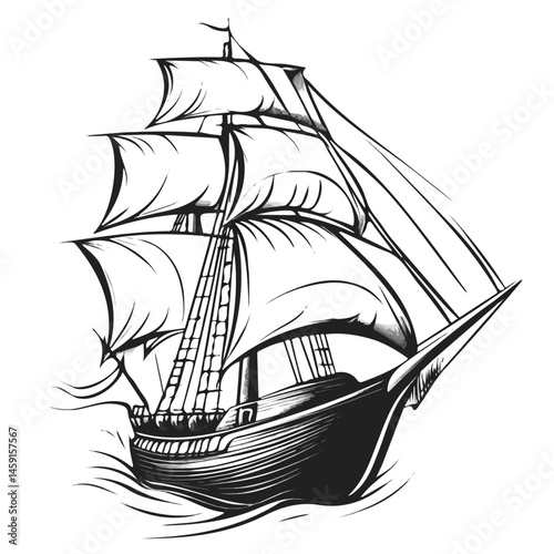 Ship symbol - black and white & minimalist design for tattoos, logos, vectors - isolated on white background.