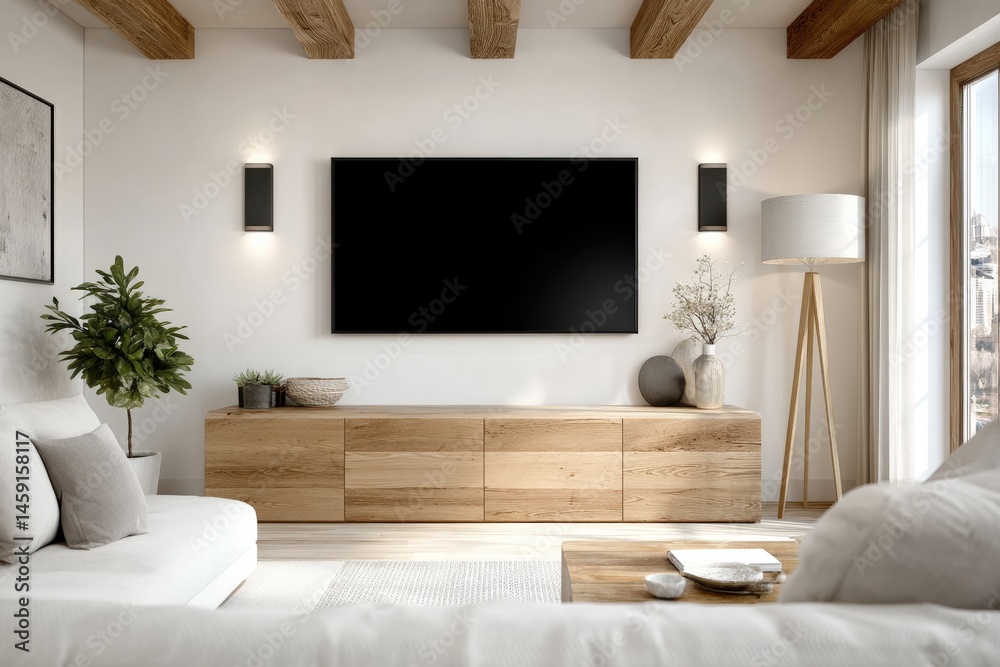 Modern living room with minimalist decor, large TV, wooden furniture, indoor plants, and natural light.