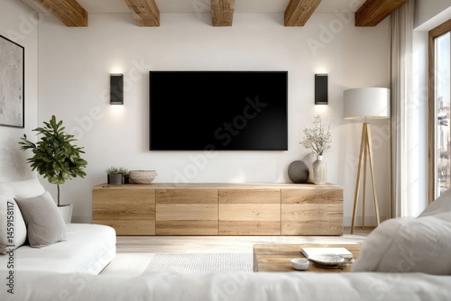 Obraz na płótnie Modern living room with minimalist decor, large TV, wooden furniture, indoor plants, and natural light. w salonie