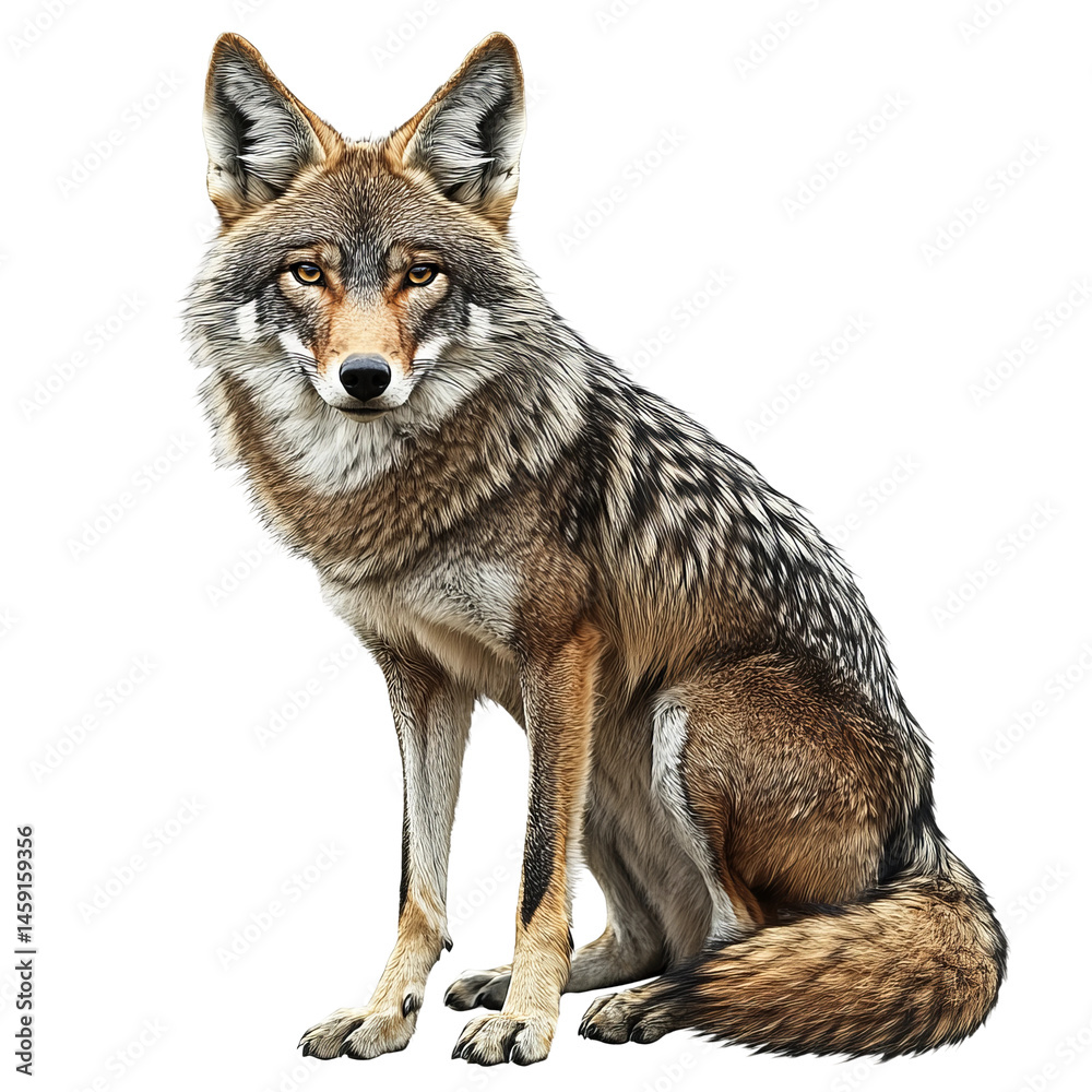 Fototapeta premium A close-up portrait of a stunning coyote sitting upright, showcasing its intense gaze and unique fur patterns