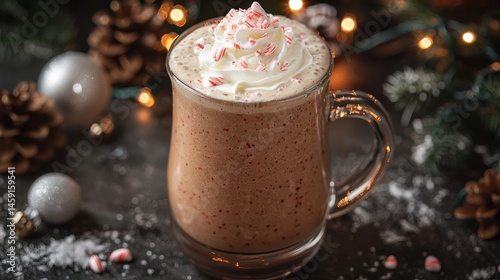 A cozy mug of peppermint hot chocolate topped with whipped cream and candy canes, ready to be enjoyed.