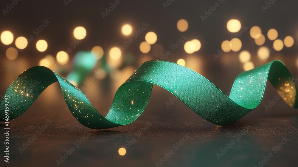 Teal ribbon swirls on dark surface with warm lights