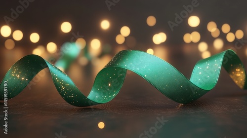 Obraz na płótnie Teal ribbon swirls on dark surface with warm lights w salonie