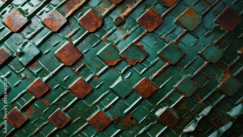 Aerial perspective of a worn metal diamond plate texture background, oxidized panel showcasing a diagonal oval grid pattern, aged raised metal surface designed to prevent slipping.