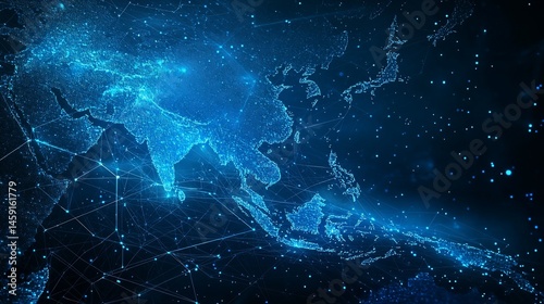 Global connectivity visualized. Asia's intricate network of digital links shines through a detailed map.  Intricate connections and points of data exchange form a dynamic visual representation