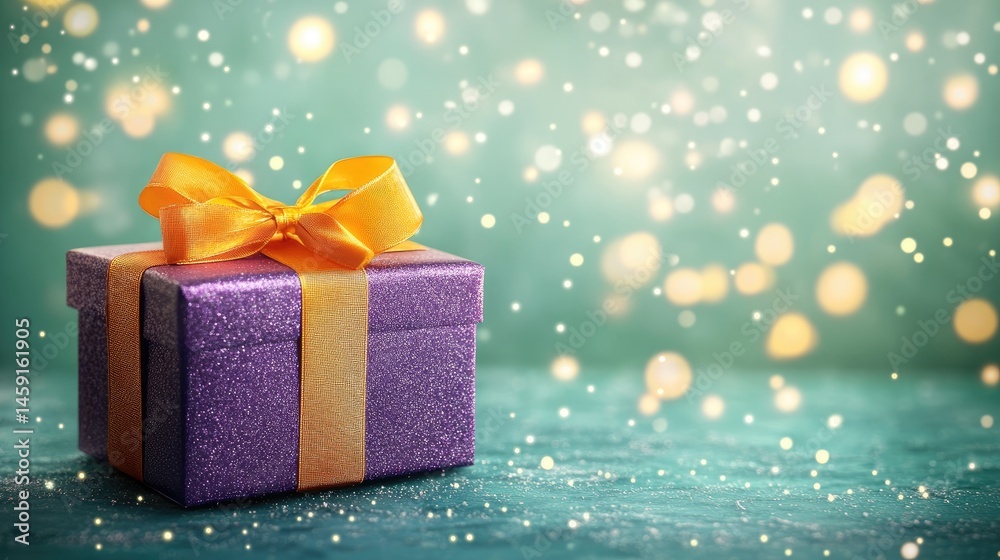 Elegant gift box with a vibrant orange ribbon, sitting on a teal background with sparkling lights