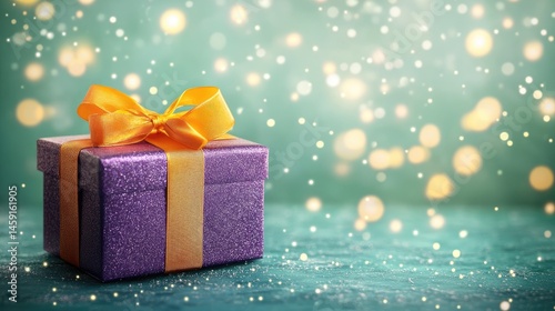 Obraz na płótnie Elegant gift box with a vibrant orange ribbon, sitting on a teal background with sparkling lights w salonie