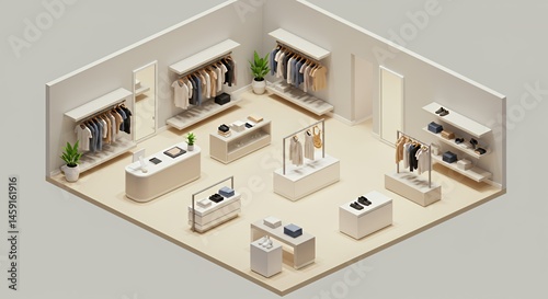 Minimalist Clothing Boutique: Isometric 3D Render of a Modern Apparel Store