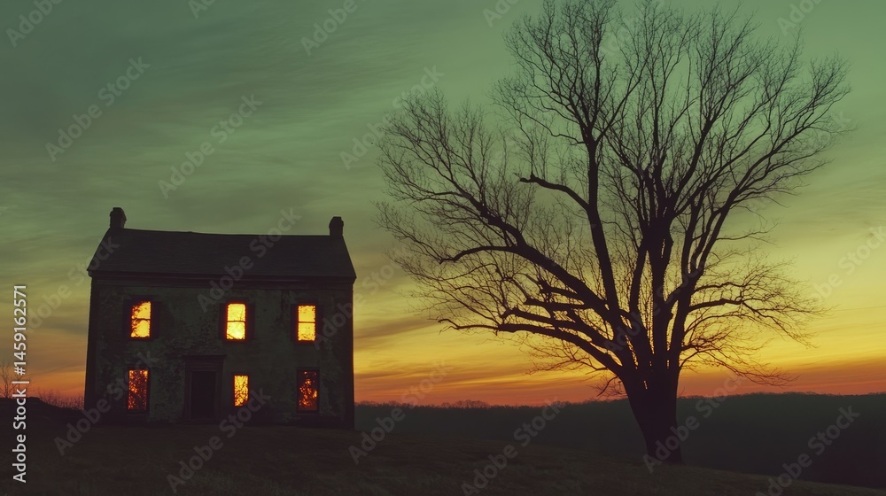 Old house illuminated at twilight, eerie atmosphere