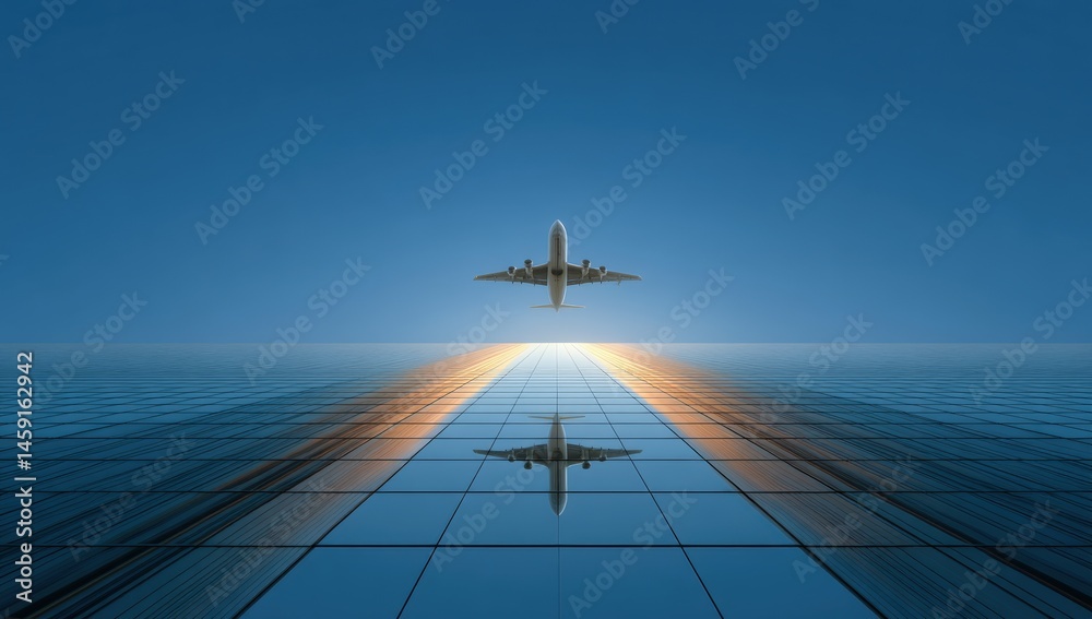 An airplane takes off above a glass building, reflecting the aircraft against a clear blue sky at sunrise.