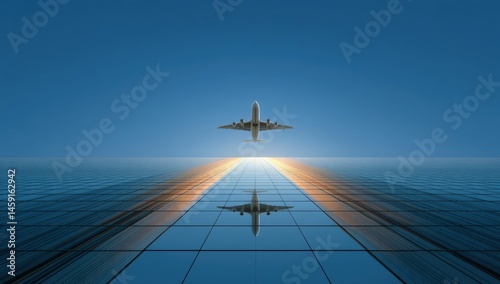 An airplane takes off above a glass building, reflecting the aircraft against a clear blue sky at sunrise.