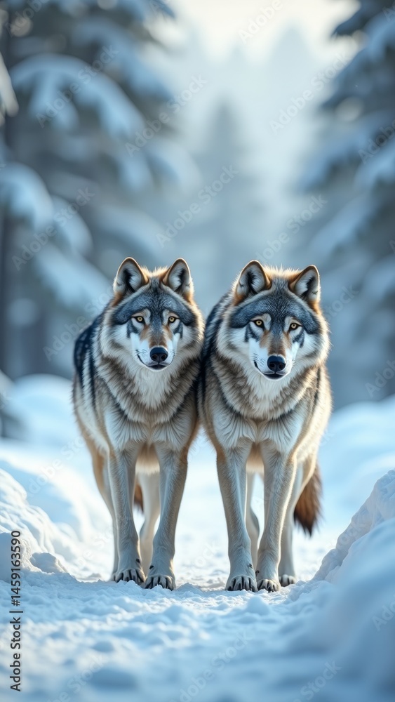 Wolves standing in snowy forest Wolves standing in snowy forest