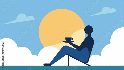Serene Tea Time A silhouette of a person lounging in a minimalist chair on a flat roof holding a steaming cup of tea. The background features abstract clouds and a sun with rays
