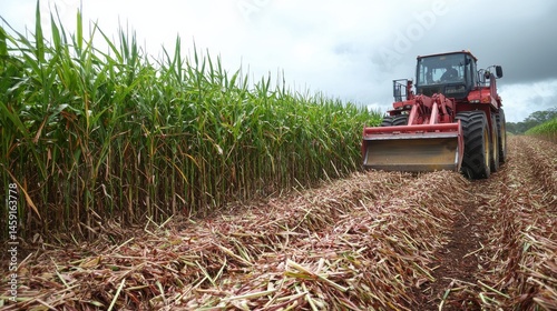 A red tractor actively harvesting a sugarcane field on a cloudy day, showing agricultural work.
