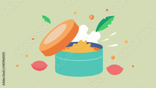 Freshness Symbol An open exfoliating scrub with fresh colorful ingredients spilling out with a glowing aura around them representing freshness and vibrancy provided by the exosome