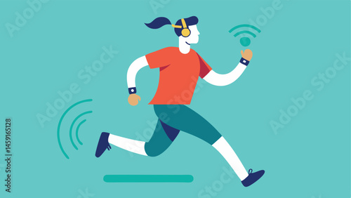 Running with Tech A runner equipped with a fitness tracker on one wrist and wireless earbuds with stylized motion lines and Shop Now text floating nearby.