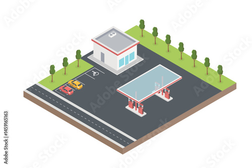 Gas station point with maintenance service at busy road intersection. Passenger car refueling at gas station. Aerial view 3D vector isolated on white background