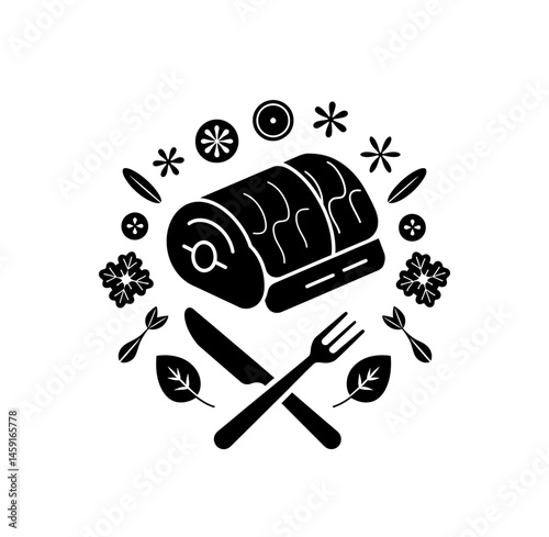 Beef steak with fork and knife icons vector in black color isolated on white.