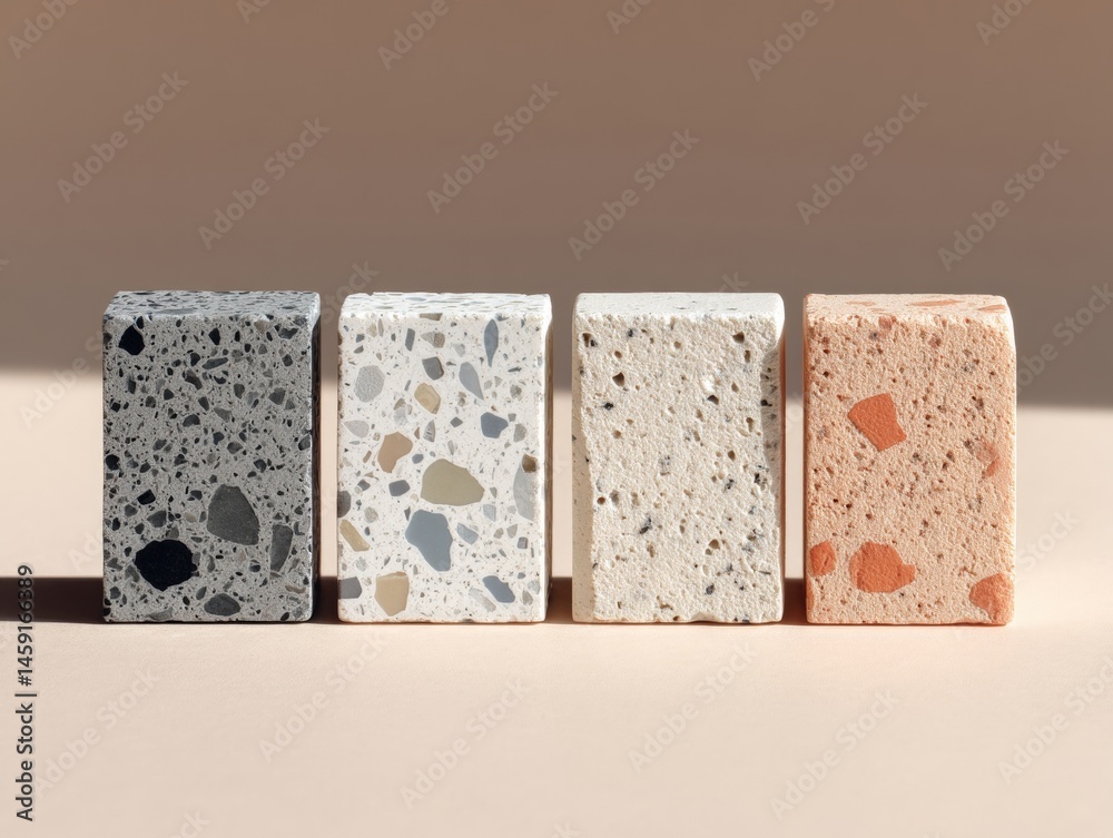 Four rectangular stone samples with varying colors and textures are displayed vertically on a neutral background.