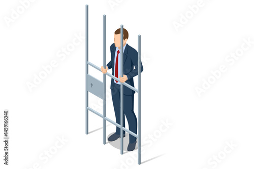 Isometric of a man in a business suit is jailed, standing behind metal bars, symbolizing consequences of white-collar crime. AML Anti money laundering financial. Illegal money metaphor. Prison, jail