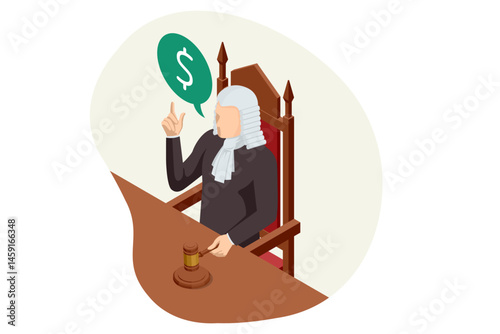 Isometric scene of a judge in robes raises his finger with a dollar symbol speech bubble, implying corruption in the justice system. orrupt judge, AML Anti money laundering financial. Illegal money