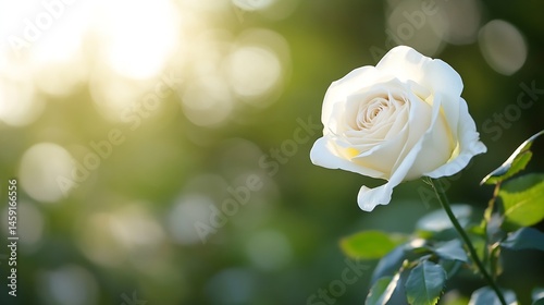 Single white rose illuminated by sunlight, delicate petals, green foliage bokeh background, romantic floral image, nature photography. : Generative AI