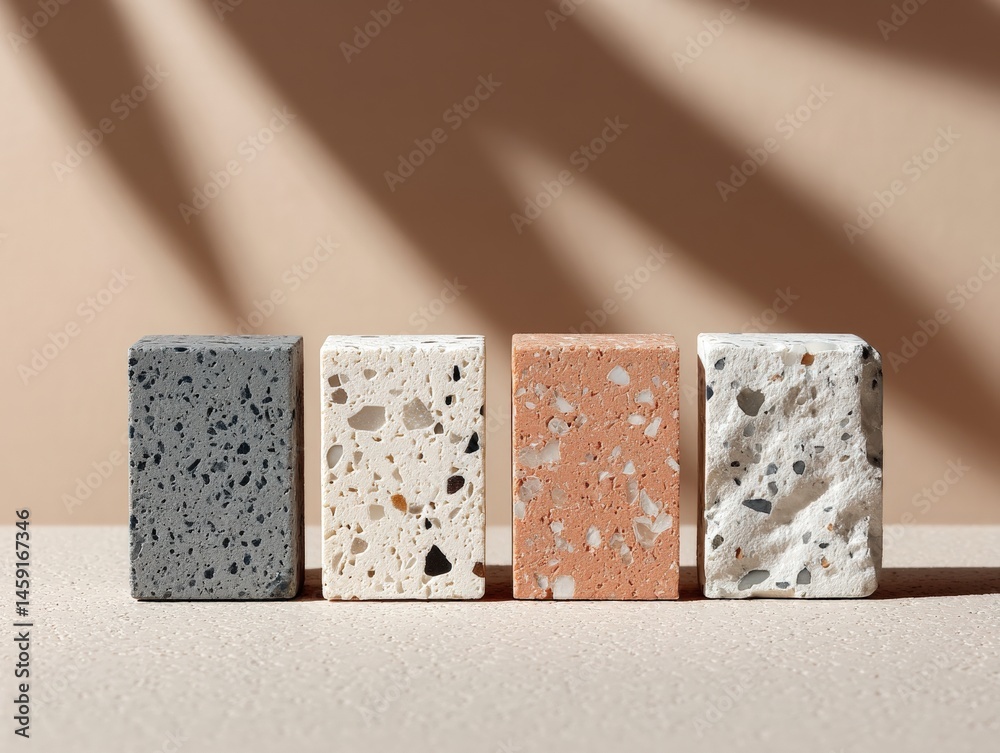 Four terrazzo stone blocks in different colors are displayed upright on a textured surface with soft shadow patterns in the background.